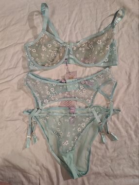 NWT Savage X Fenty Mint Green Floral Sheer Mesh Bra & Panty Set